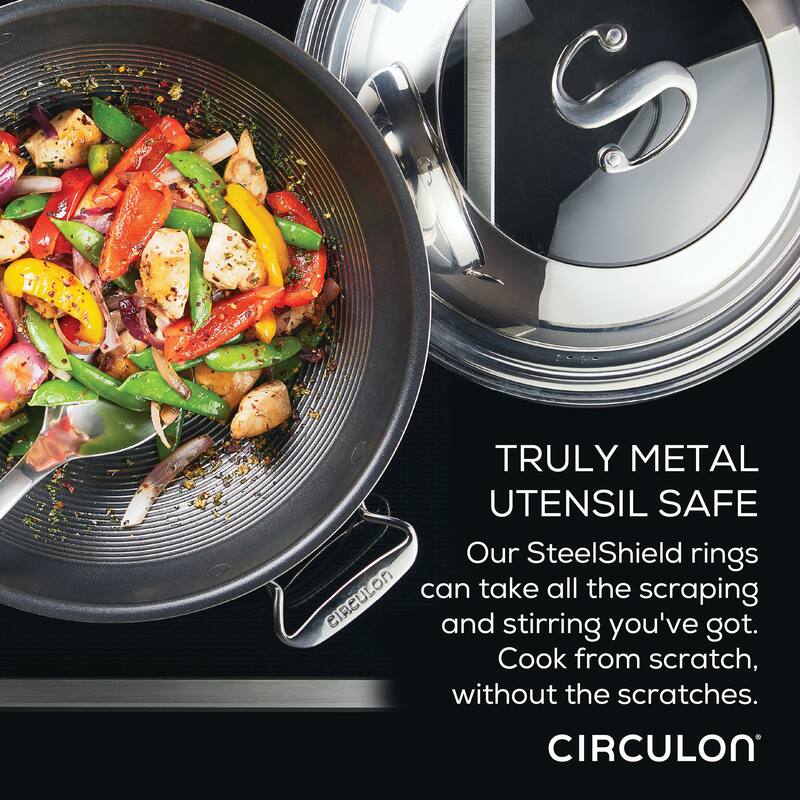 Circulon Clad Stainless Steel Induction Wok with Glass Lid and Hybrid SteelShield and Nonstick Technology, 14-Inch, Silver
