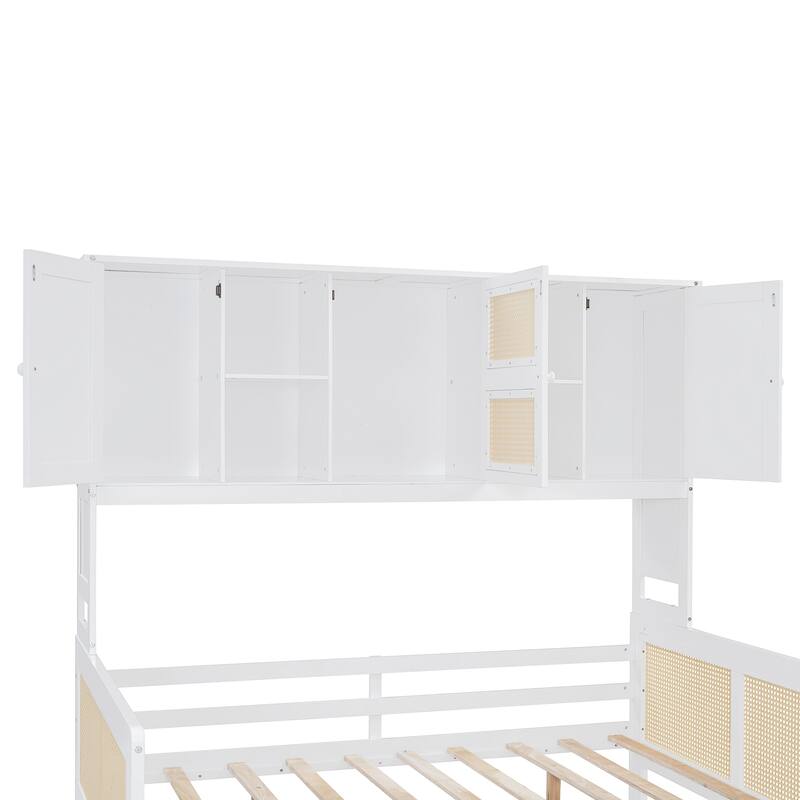 Wood Full Size Daybed with Built-In Storage Cabinet, Shelves & Twin Trundle, Rattan Accent, No Box Spring Needed