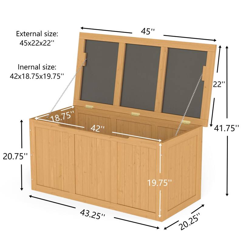 67 Gallon Wooden Deck Box Solid Wood Storage Box Seat & Table Top for Patio Furniture Cushions, Pool Toys & Garden Tools