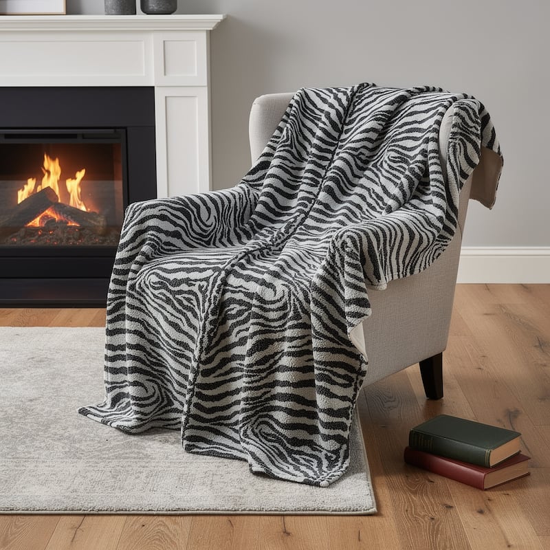 HomeRoots 50" X 70" Black And Ivory Zebra Microfiber Plush Throw Blanket - Throw - Black/Ivory