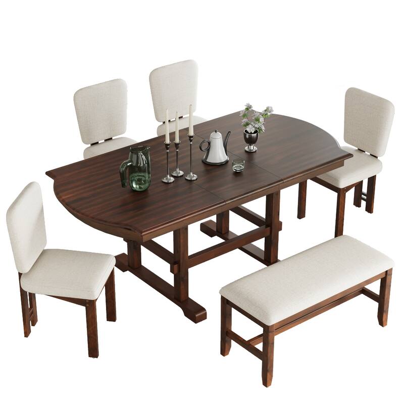 Roomfitters 6-Piece Extendable Wood Dining Table Set, 78" Kitchen Table with 18" Leaf, Bench and 4 Chairs, Espresso & Beige