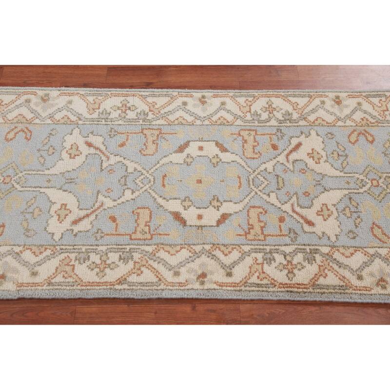 Light Blue Oushak Oriental Runner Rug Handmade Wool Carpet - 2'6" x 10'1"