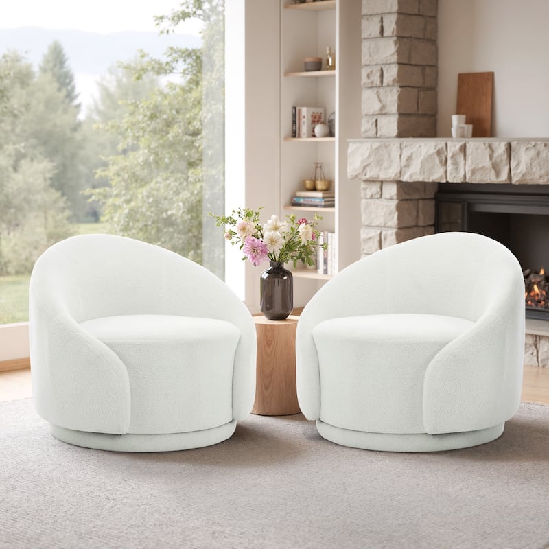 35" W Modern Upholstered Velvet/ Boucle Barrel Swivel Chair - Set of 2 - White/ Boucle