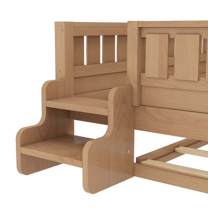 Full/Twin Size Wood Bed with Built-in Bookshelves and Storage Staircase, Safety Rails and Trundle Bed