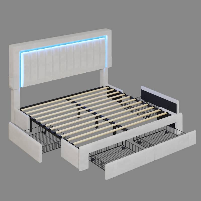 Velvet Upholstered Platform Bed Frame with Adjustable Headboard and 4 Storage Drawers & RGB LED Lights