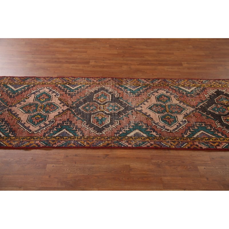 Vegetable Dye Hamedan Persian Vintage Runner Rug Geometric Wool Carpet - 2'11"x 10'1"