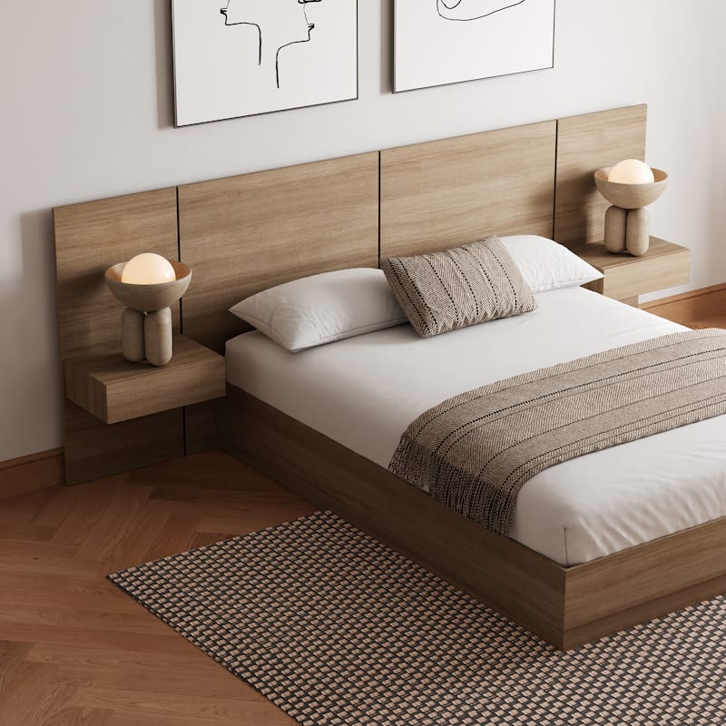 Milano 4-Piece Bedroom Set with Floating Nightstand Extension Panel - Brown Oak - Full