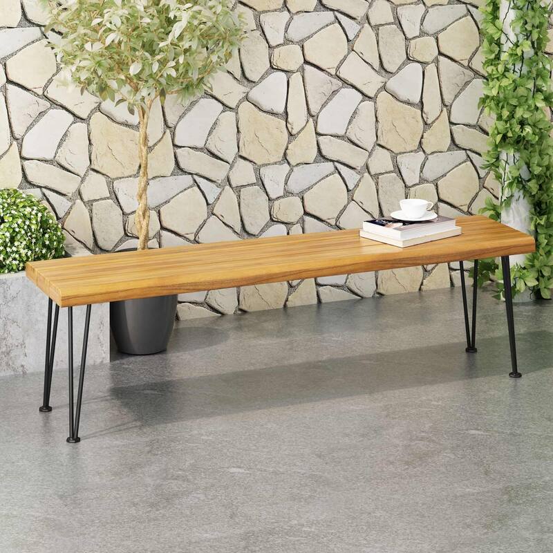 62" Outdoor Industrial Wooden Slats and Metal Rectangular Bench - Teak