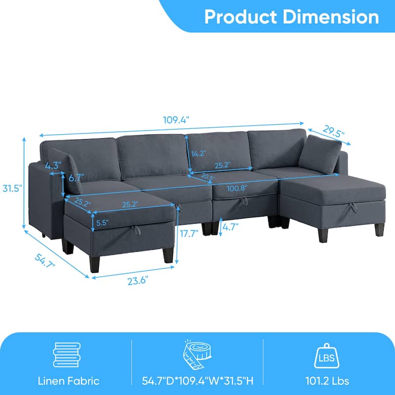 Mixoy Flexible Combination Reversible 4-Seater Modular Sofa with Ottomans,Linen Convertible Sleeper Sofa Bed with Storage Space