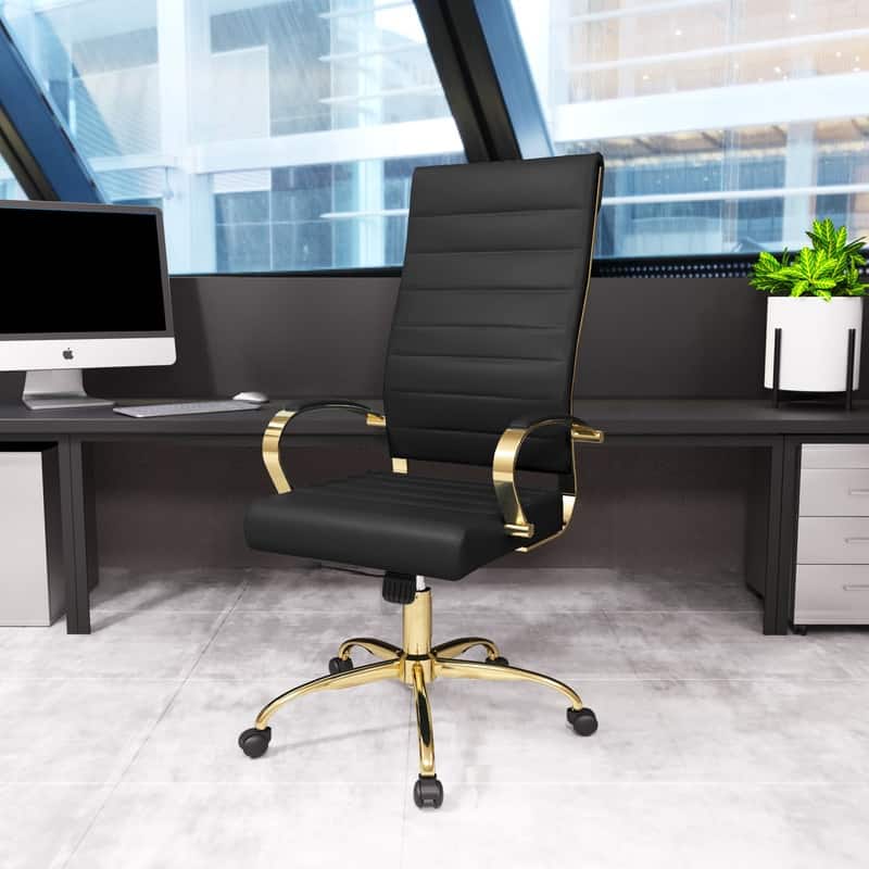 Benmar High-Back Leather Office Desk Chair in Brushed Gold Steel Frame Cushion Padded Armrests Tilt Lock Swivel Ergonomic Chair