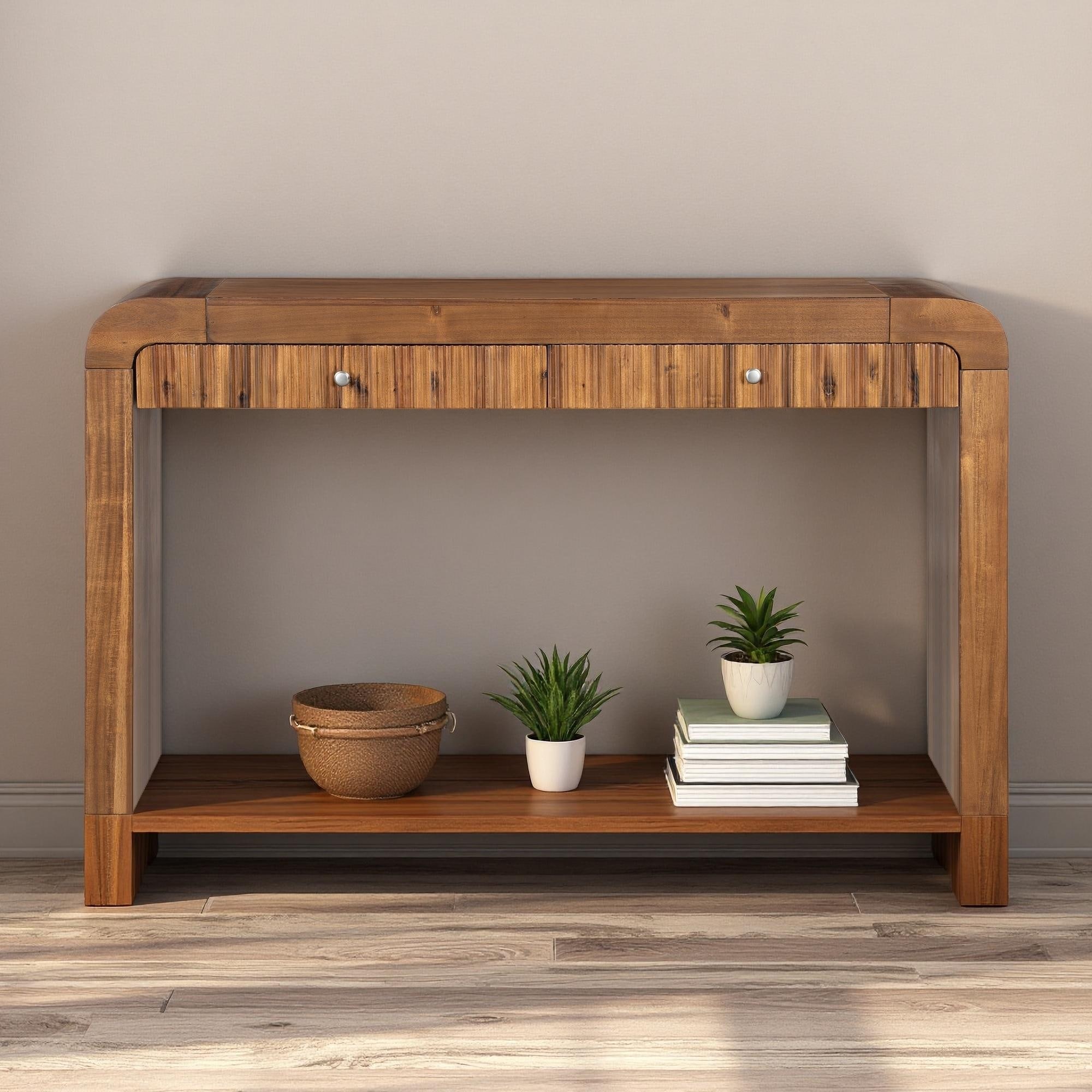 54.3" MDF + Acacia Veneer Console Table with Fluted Drawer Front - Rustic Entryway Table with Thick Legs & Curved Corners