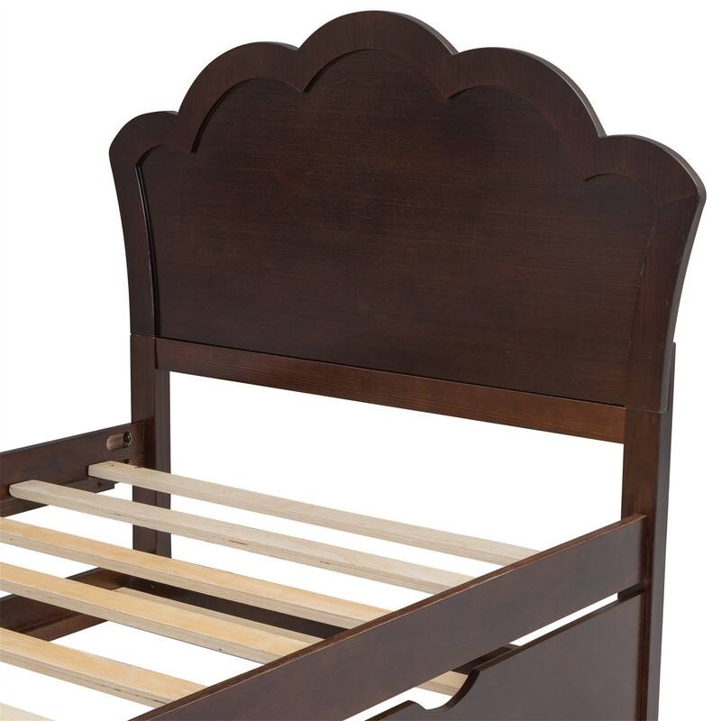 Solid Wood Platform Bed with Twin Size Trundle, Twin/Full Size Bed Frame with Headboard and Slats Support