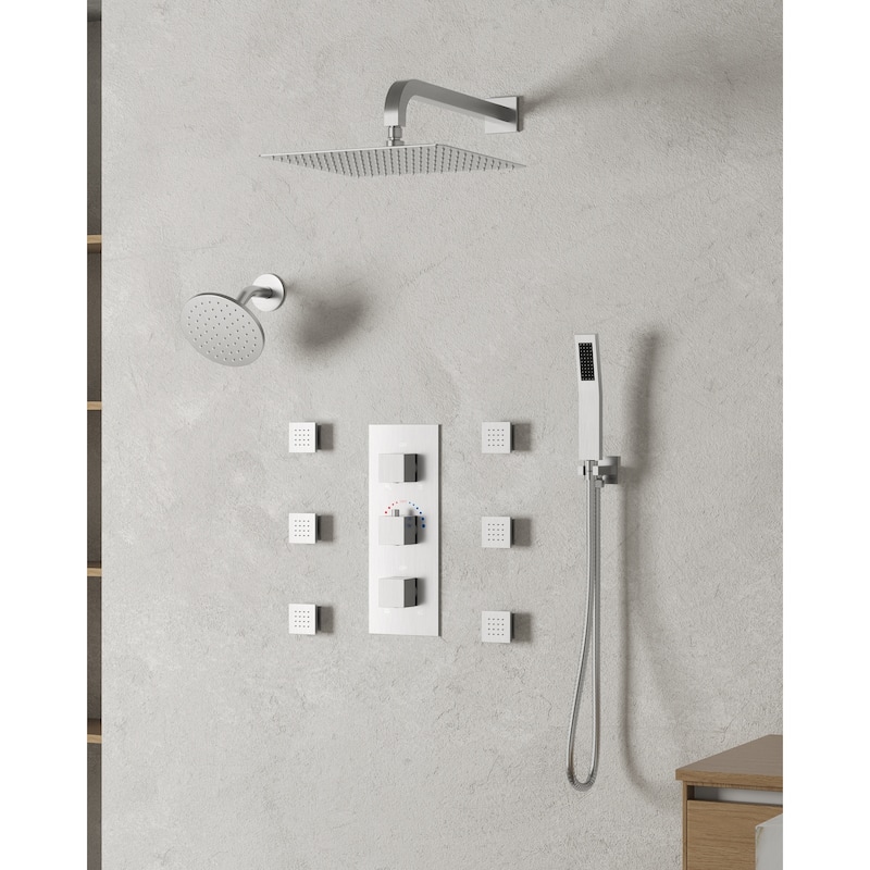 Thermostatic Dual Shower System 12" and 6" Rainfall Shower Head with 6 Body Jets & Handheld Shower
