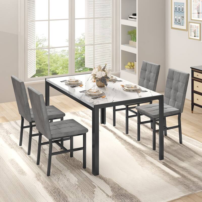 Grondin Faux Marble Kitchen Table And Chairs Set for 4, Modern Dining Room Table With 4 Armless Upholstered Dining Chairs