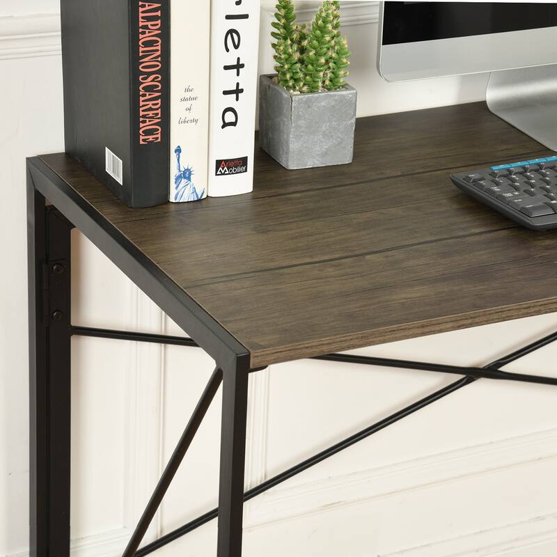Homy Casa Modern Folding Desk with Black Metal Frame and Wood Top