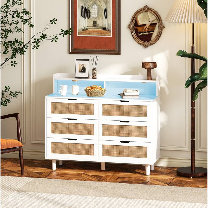 White Rattan Drawer Storage Cabinet with LED Lights and Power Outlet, Great for Bedroom and Living Room, 43.31" Size - White