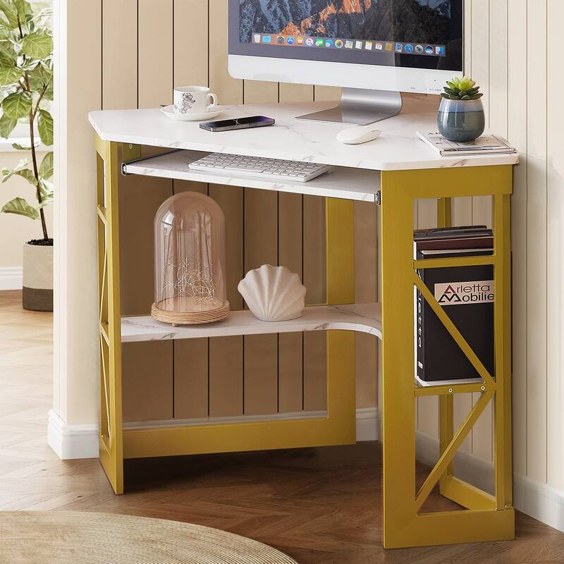 VECELO Triangular Corner Desk with Keyboard Tray Space Saving Metal Computer Desk for Home Office Study Bedroom