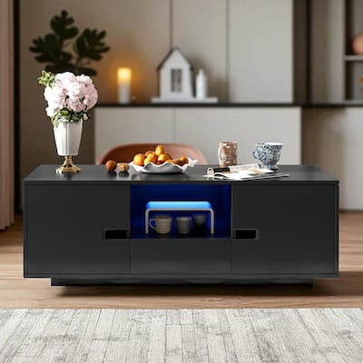 Modern High Gloss Rectangle Coffee Table with Storage and 16-Color LED Lights, Contemporary Center Table