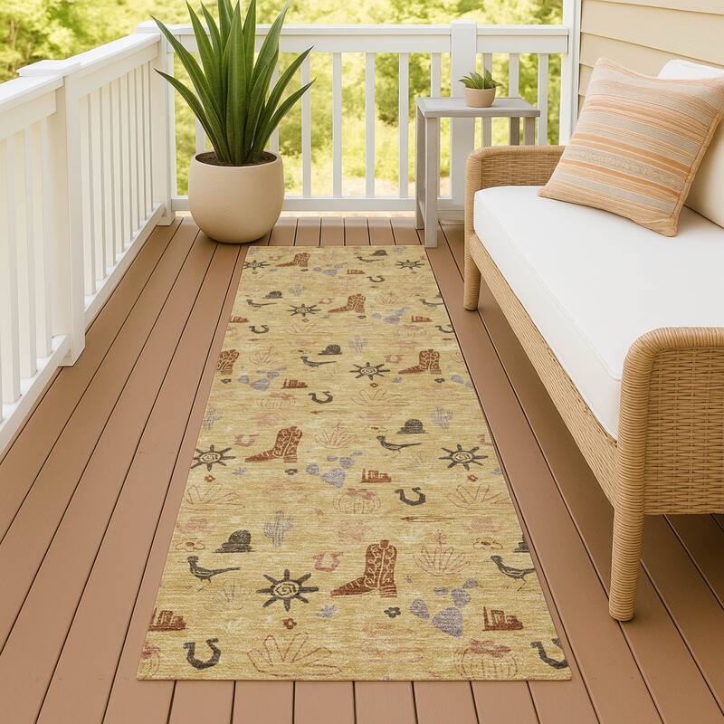 Machine Washable Indoor/ Outdoor Cowboy Ranch Chantille Rug - Gold - 2'3" x 7'6"