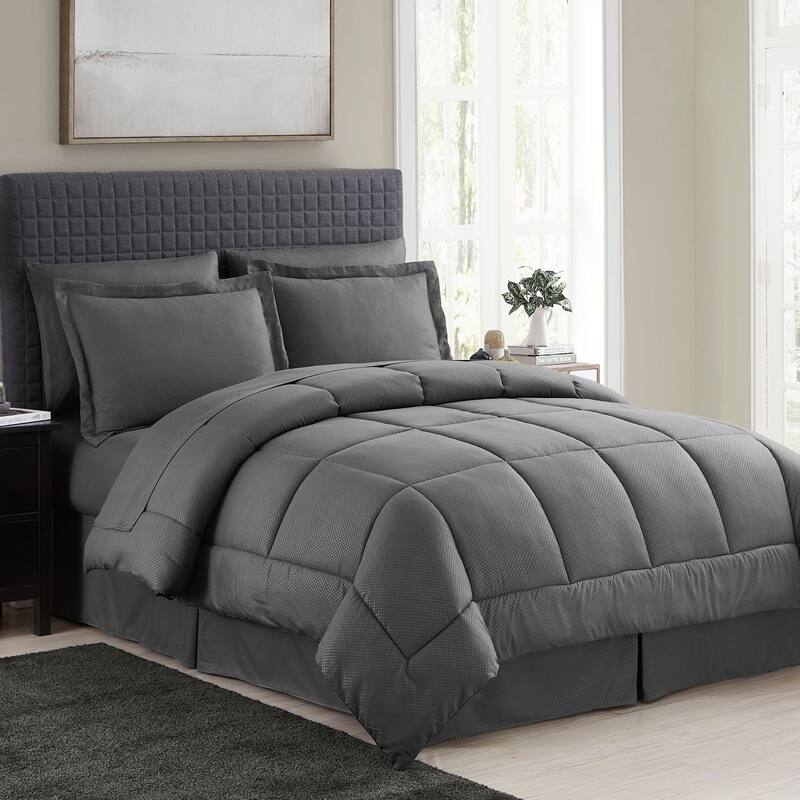 Sweet Home Collection Checkered Embossed 8-Piece Bed in a Bag Set - Grey - King