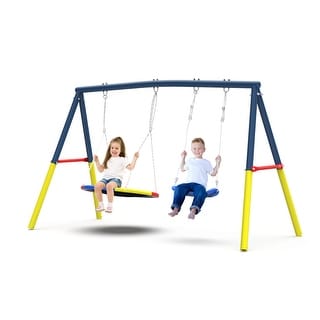 Heavy-Duty A-Frame Metal Outdoor Swing Set with 1 Saucer Swing Seat and 1 Belt Swings Seat