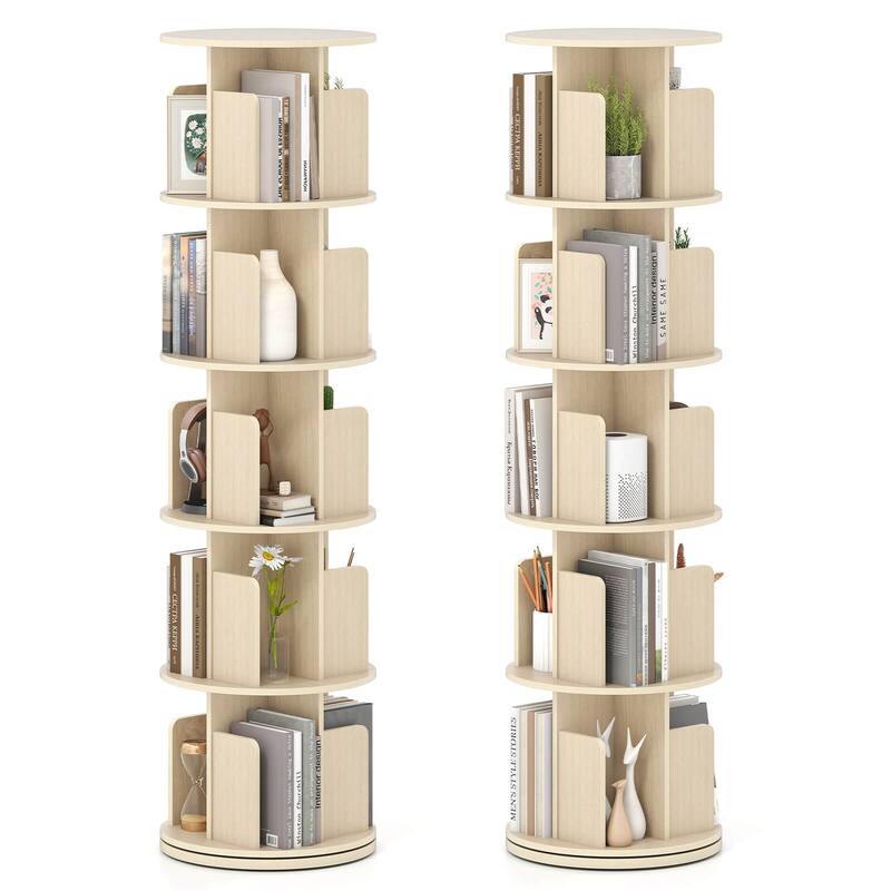 Costway 1/2 PCS 5-Tier Rotating Bookshelf 360° Display Rack with - See Details - Natural-2 PCS