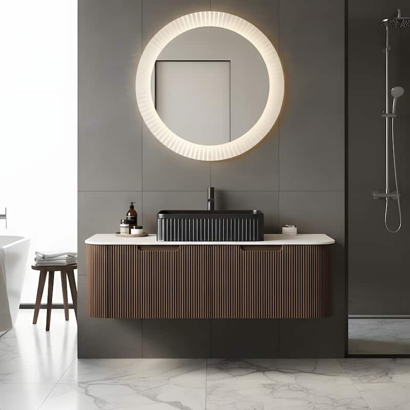 Wall Mounted Bathroom Vanity with Black Rectangular Ceramic Basin - 48 - Dark Walnut