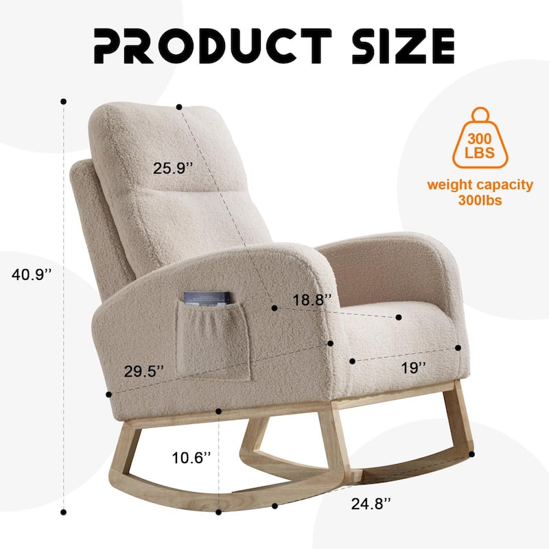 Solid Wood Modern Rocking Chair with High Back and Pocket - 29.5" D x 24.8" W x 40.9" H