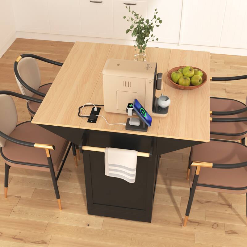 Rolling Kitchen Island with 2 Folding Drop Leaf, Wooden Cupboard Spice Storage Cabinet Pantry with Towel Rack and 3 Drawers