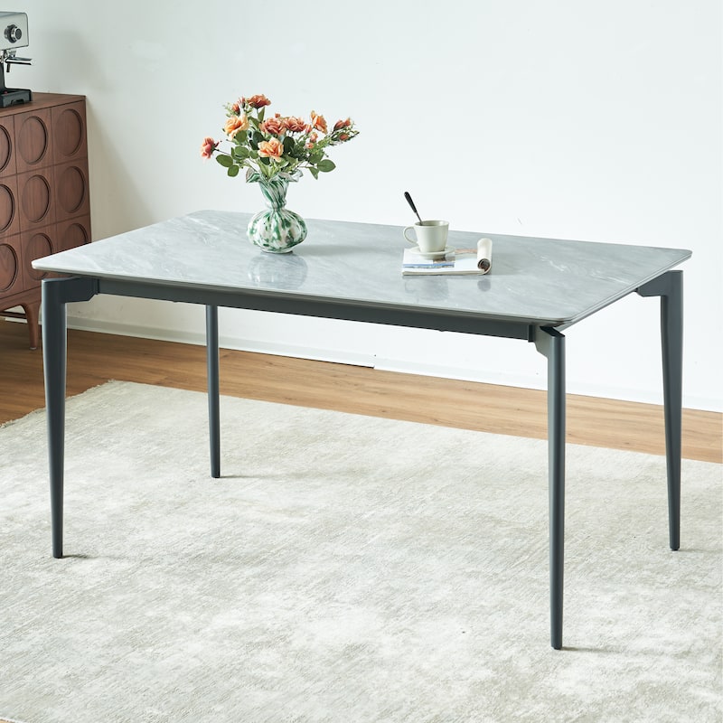 Glossy Rock Table With Legs,Sintered Stone Dining Table,Family Dining Table For 6-8 People - Black+ Gray