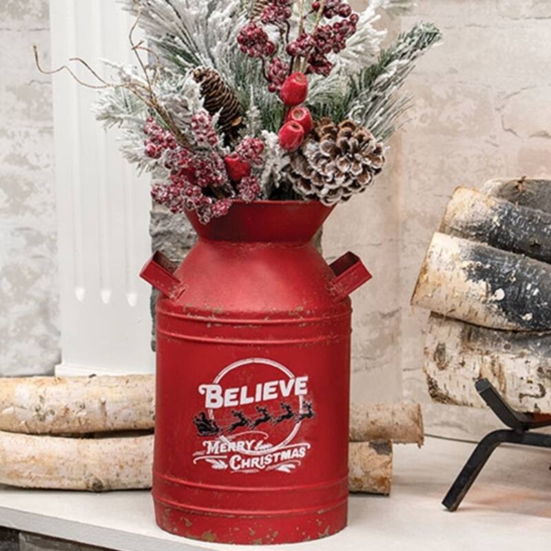 Farmhouse Red Metal Milk Can Believe Santa & Reindeer Design