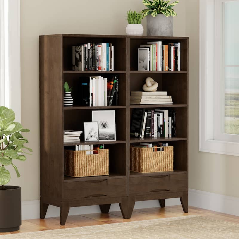 WYNDENHALL Pearson 24 inch Solid Wood 4 Shelf Bookcase (Set of 2) - 24"W x 16"D x 60"H - Walnut Brown