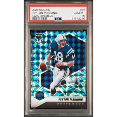 Peyton Manning 2021 Panini Mosaic Reactive Blue Football Card #91 Graded PSA 10 - 8'6" x 11'6"
