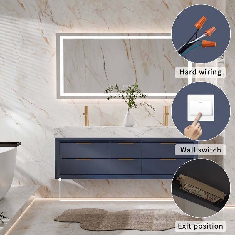 Modland 60" Modern Floating Bathroom Vanity with Double Sink, Soft-Close Drawers, White Stone Countertop