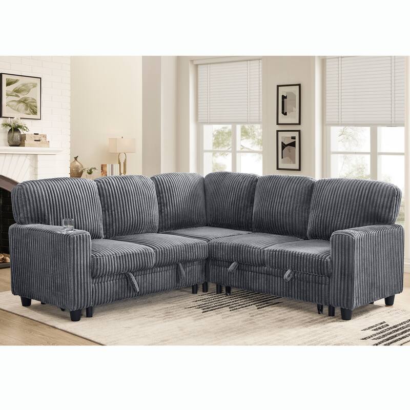 81x81 Inch Convertible Sectional Sofa with Pull-Out Bed & USB Charging（ Corduroy）