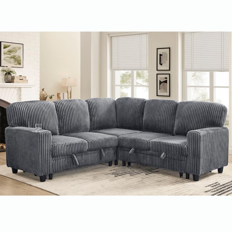 Corduroy Modular Sectional Sleeper Sofa with Pull-Out Bed & Storage, 2-in-1 Convertible Upholstered Sofa Bed with USB Port - Grey