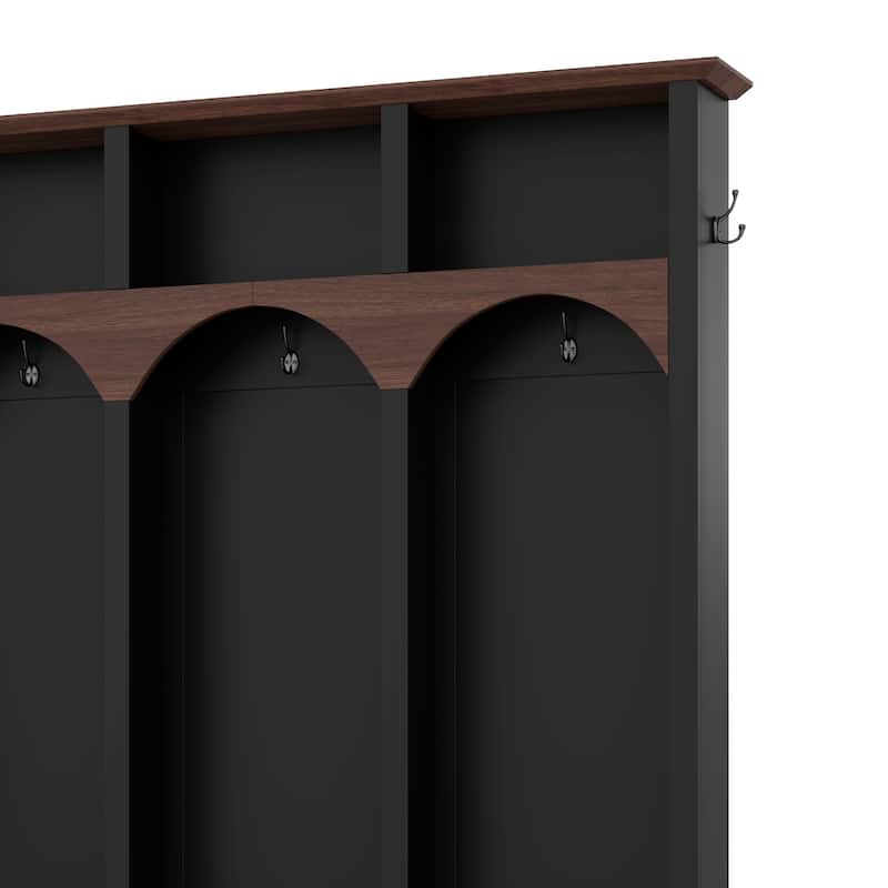 Farmhouse Wooden Style Hall Tree with Arched Design and Storage Bench - 59" W × 15.7" D × 76.7" H