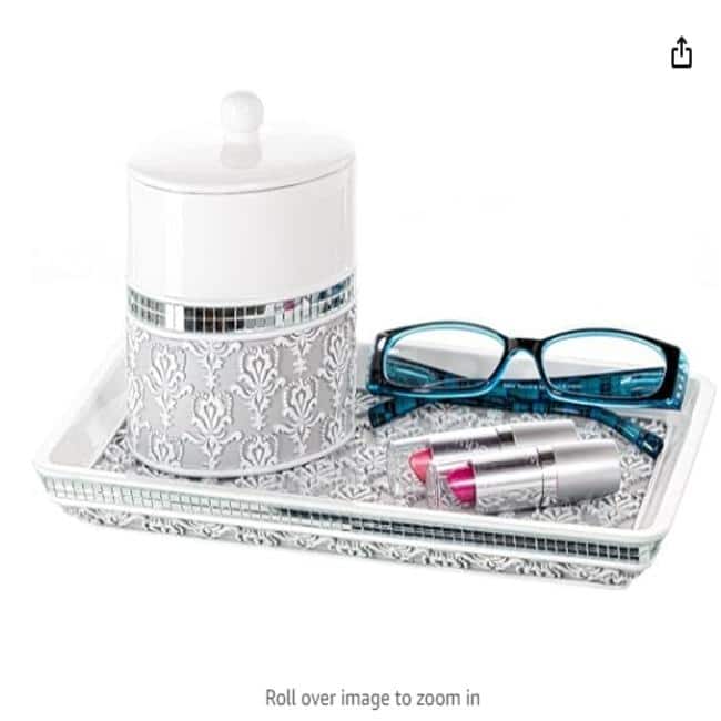 Creative Scents Mirror Damask Gray and White Qtip Holder - White /Grey - Grey /White