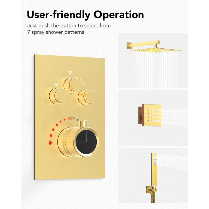 Thermostatic Shower System 12" Rain Shower Head with High Pressure Handheld Spray