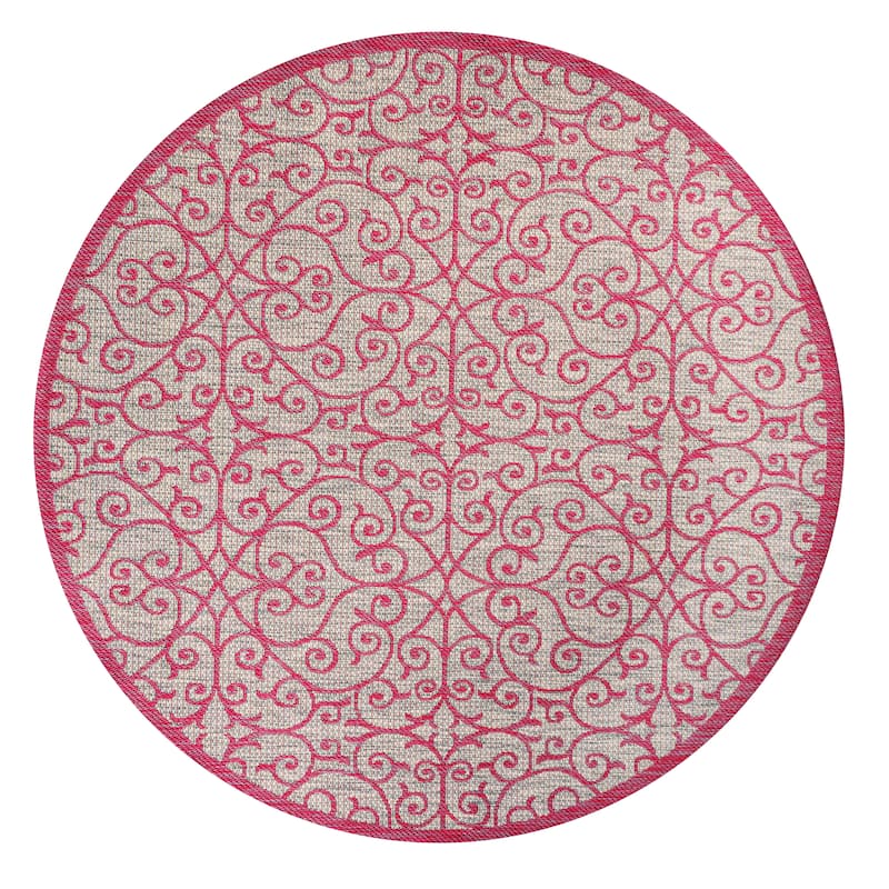 JONATHAN Y Ourika Textured Weave Indoor/Outdoor Area Rug - 5' Round - Light Gray/Fuchsia