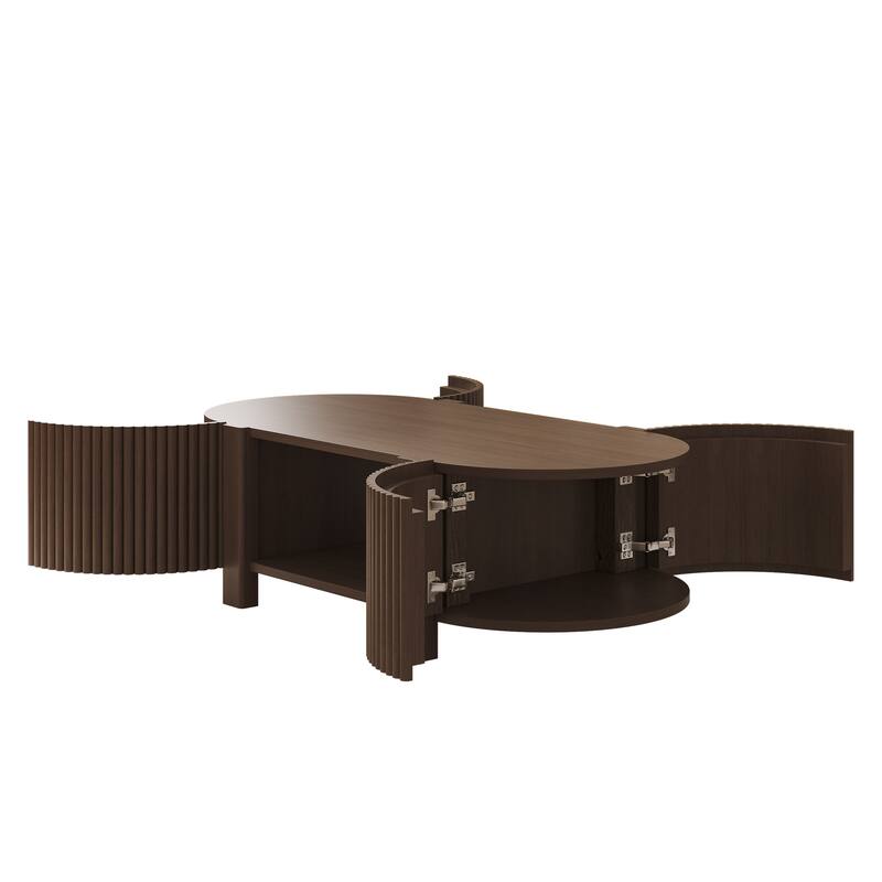 47" Oval Fluted Coffee Table with 2 Doors, Open Shelf & Wood Finish