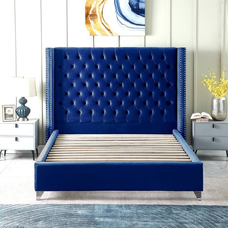 King Velvet Upholstered Bed with Deep Button Tufting - Blue