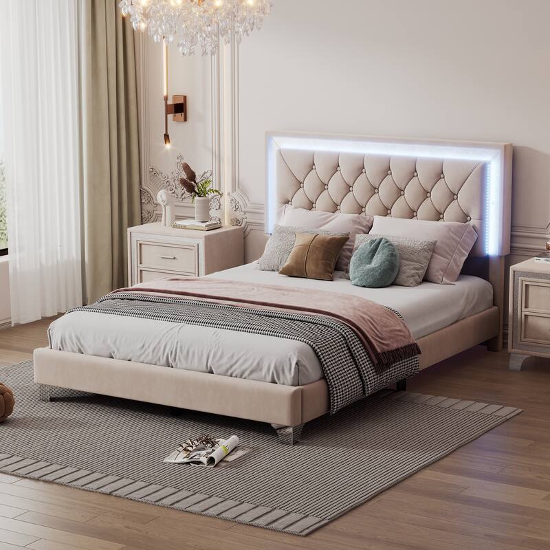 Queen OR Full Size Velvet Upholstered Bed Frame with LED Lights