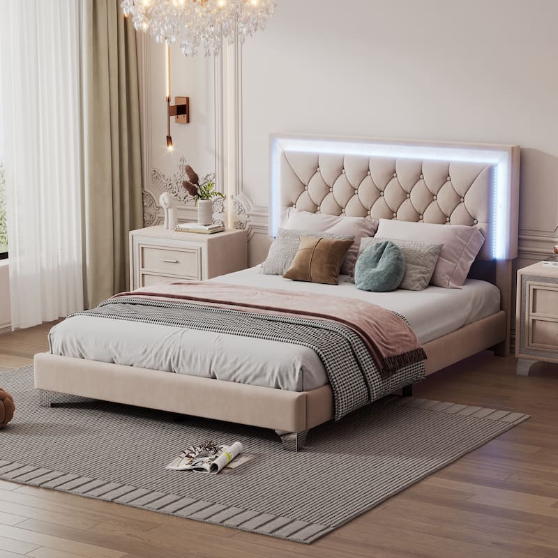 Velvet Platform Bed with Tufted Headboard and LED Lights