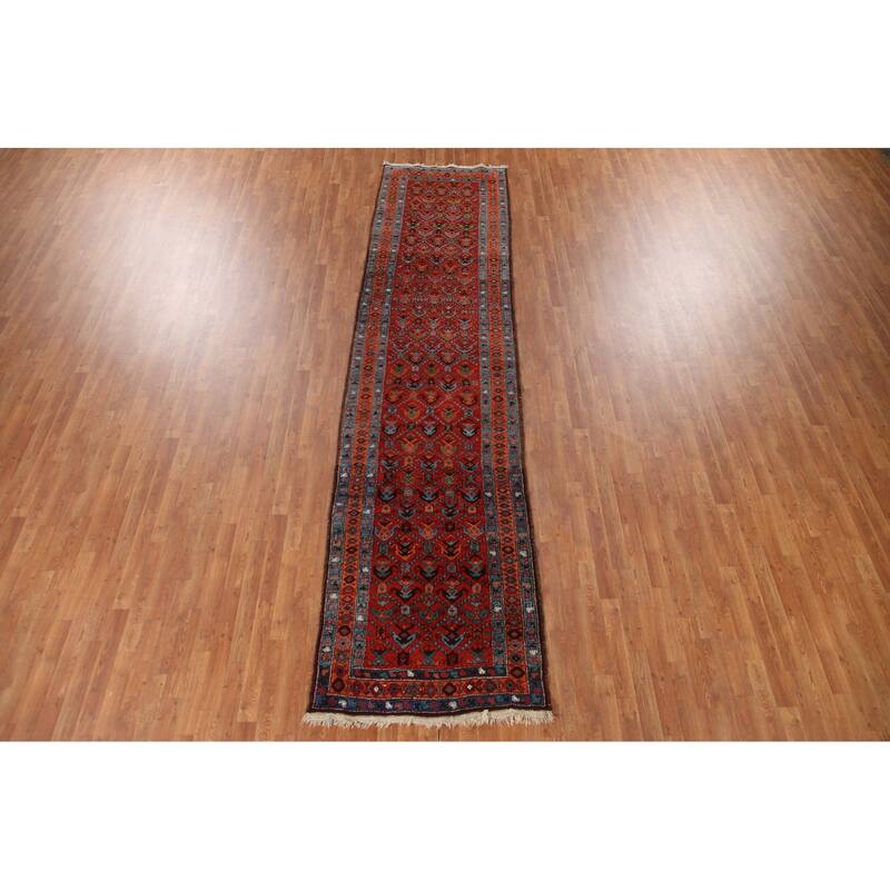 Hand Knotted Oriental 100% Wool Carpet Traditional All-Over Red Heriz Runner Rug - 13' 10'' X 3' 4''