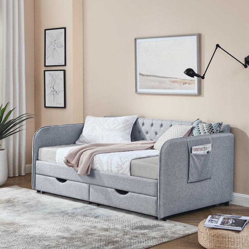 Twin Size Upholstery Daybed with Trundle Bed - Grey