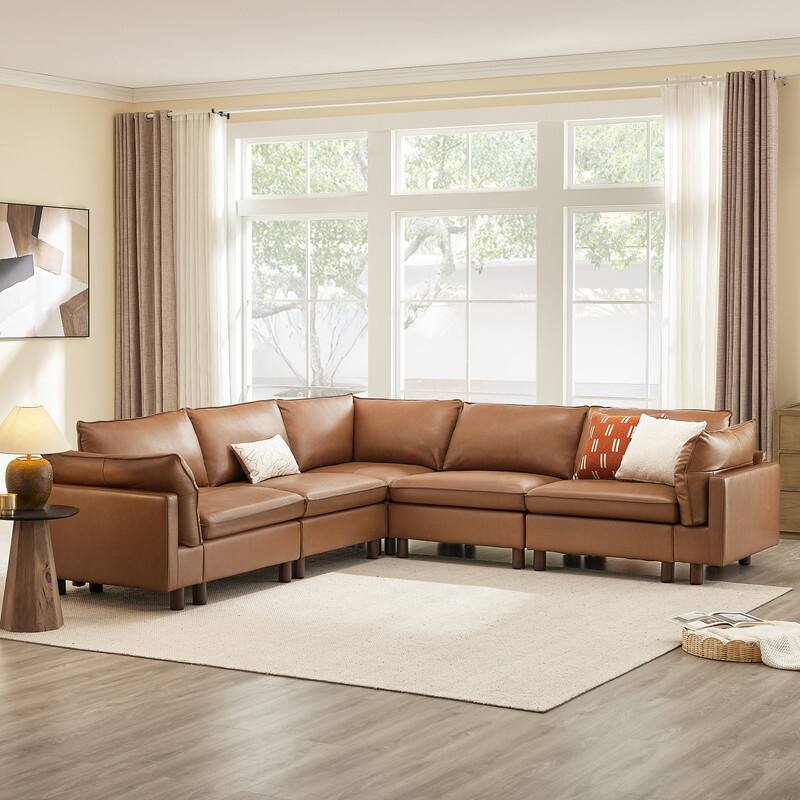 Spruce & Spring Modular Cloud Couch Sofa with Wood Legs for Living Room - Brown-Leather-Corner