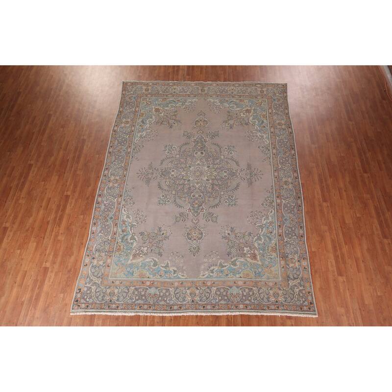 Beige & Gray Tabriz Persian Vintage Area Rug Handmade Wool Carpet - 9'4"x 12'5"