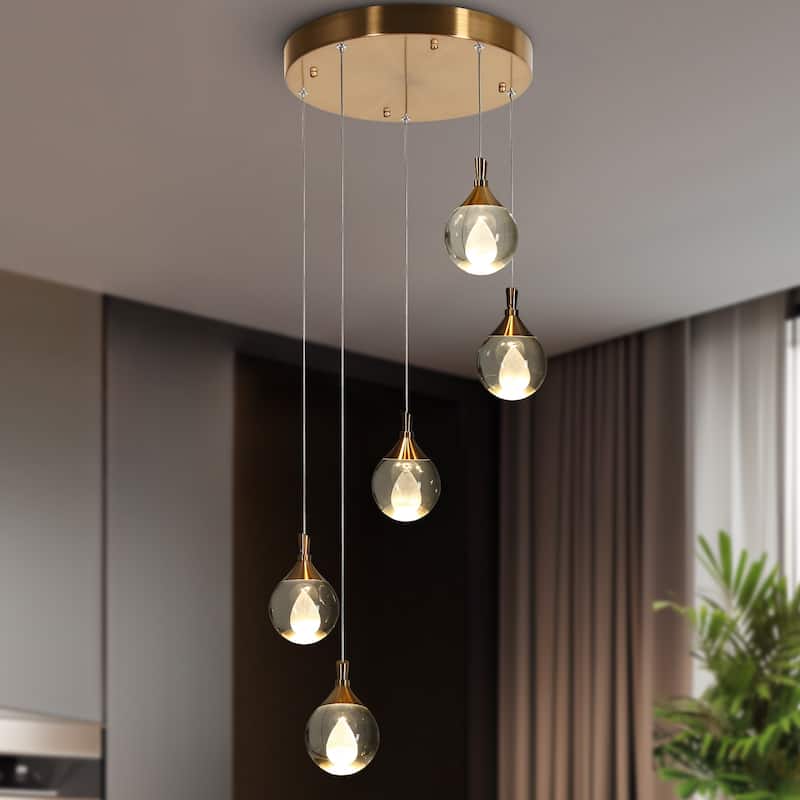 Modern 5-Light LED Brass Chandelier Cluster Pendant Kitchen Island Stairwell Light - Dia. 16.5" x H 6"