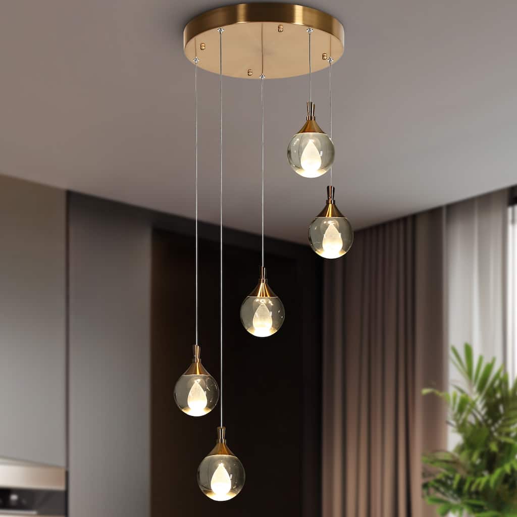 Modern 5-Light LED Brass Chandelier Cluster Pendant Kitchen Island Stairwell Light - Dia. 16.5" x H 6"